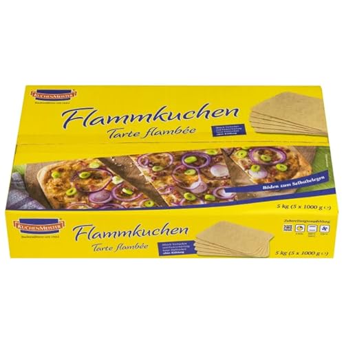 KuchenMeister Flammkuchen Boden vorgebacken 50 Böden je 100 g | Format 1/2 GN | Fertig in nur 4 Minuten | Halal-zertifiziert | Vegan | 5 Packs je 10 x 100g | Insgesamt 5 KG von Kuchen Meister