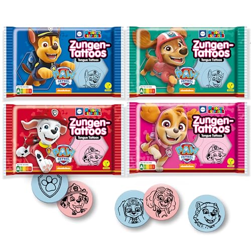Küchle PawPatrol Zungentattoos im 4er Set 4x11g, vegane Süßigkeit, Tutti-Frutti & Erdbeer Geschmack, rot & blau, mit Skye, Chase, Zuma & Marshall von Paw Patrol, fruchtige Leckereien von Küchle