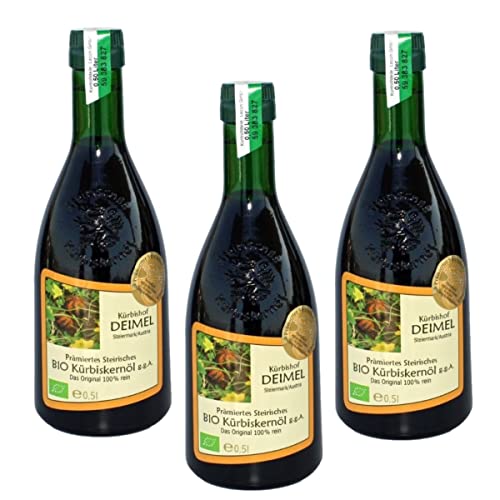 Kürbishof DEIMEL Steiermark/Austria - Sparangebot 3 x 500 ml Original Steirisches BIO Kürbiskernöl g.g.A. - Jährlich prämiert von Kürbishof DEIMEL