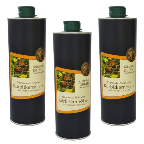 Kürbishof DEIMEL Steiermark/Austria - Sparangebot 3 x 1000 ml Dose - Original Steirisches Kürbiskernöl g.g.A. - Jährlich prämiert von Kürbishof DEIMEL