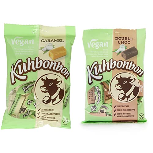 Kuhbonbon Vegan Caramel - Weichkaramellen mit Bio Kokosmilch und Kakaobutter - 165g & Vegan Double Choc 165g - Vegane Schokoladen Karamellbonbons von Kuhbonbon