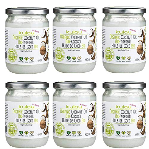 Kulau Bio Kokosöl für Haut & Haar, Kokosfett zum Kochen & Braten, Kokosnussöl nativ & kaltgepresst (6 x 450 ml) von Kulau