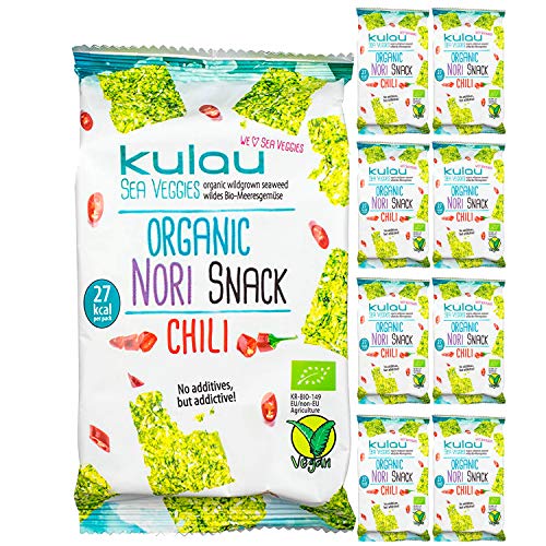 Kulau Bio Nori Snack Chili - scharfer Snack aus gerösteten Nori-Blättern / Asiasnack / zart, knusprig und pikant (8 x 4 g) von Kulau