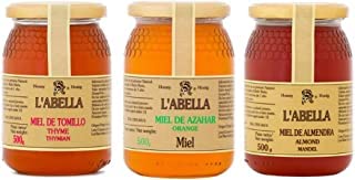 L'Abella Mel – Packung mit 3 kg Gläsern Mandelblütenhonig, Orangenblütenhonig und Thymianhonig – 100% natürlich | Reiner Honig, handgepflückt in Spanien – 1500 g von L'ABELLAMEL