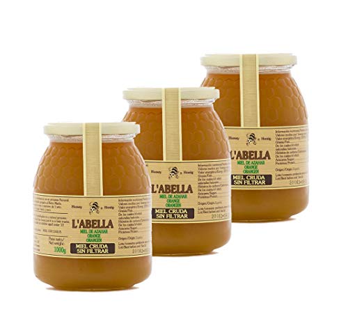 RAW Orangenblütenhonig aus Spanien - 3x 1Kg Ungefilterte Orangenhonig - Premium Qualität - ungfiltriert- fruchtiger Geschmack der Zitrusfrucht, Größe:1000 ml, Geschmack:Raw Orange von L'Abella