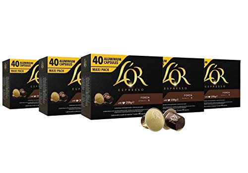 L'OR Espresso Kaffee Forza Intensität 9 - Nespresso®* kompatible Kaffeekapseln aus Aluminium - 5 Packungen mit 40 Kapseln (200 Getränke) von L'OR