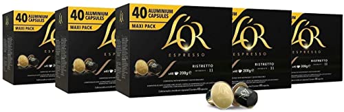 L'OR Espresso Kaffee Ristretto Intensität 11 - Nespresso®* kompatible Kaffeekapseln aus Aluminium - 5 Packungen mit 40 Kapseln (200 Getränke) von L'OR