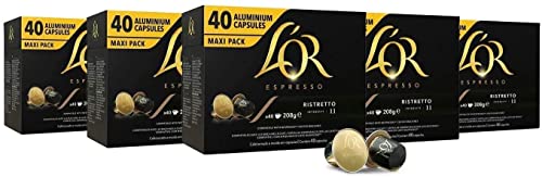 L'OR Espresso Kaffee Ristretto Intensität 11 - Nespresso®* kompatible Kaffeekapseln aus Aluminium - 5 Packungen mit 40 Kapseln (200 Getränke) von L'Or Espresso