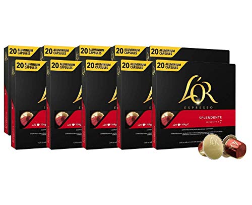 L'OR Espresso Kaffee Splendente Intensität 7 - Nespresso®* kompatible Kaffeekapseln aus Aluminium - 10 Packungen mit 20 Kapseln (200 Getränke) von L'OR