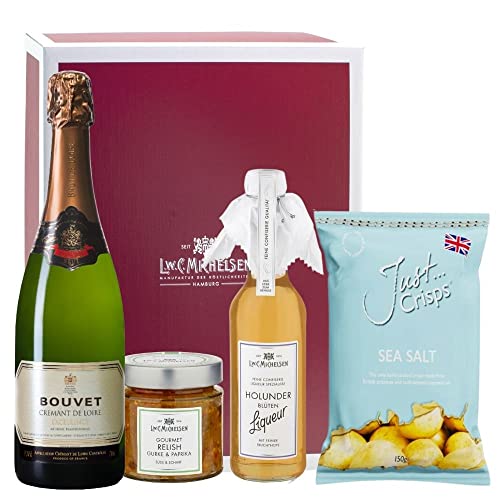 L.W.C. Michelsen - Geschenkbox GLAMPING verleiht einen Hauch Glamour | enthält Cremant Bouvet, Gourmet Relish, eine Flasche Holunderblüten-Likör und Chips von L.W.C. Michelsen