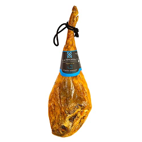 La Finojosa - Serrano Schinken Gran Reserva - Ganzes Stück - 8 bis 8,5 kg - Mindestens 24 Monate Reifezeit - Angenehmes, Intensives Aroma - Mit Messer und Brett - Süßer und Leicht Salziger Geschmack von La Finojosa