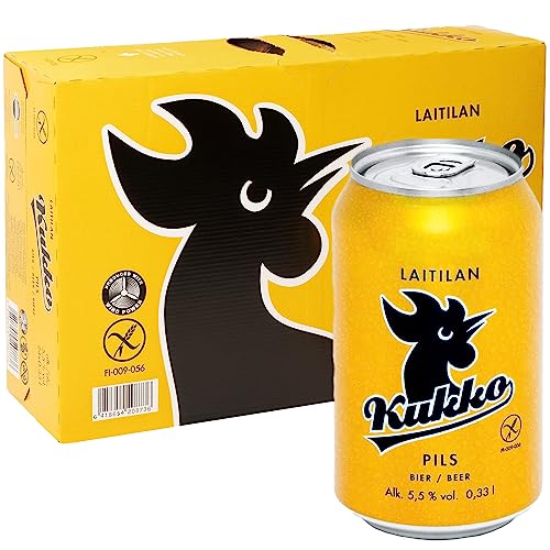 Kukko Pils Glutenfreies Bier Dosen 24 Partypaket – 24 Dosenbier 0,33 L Glutenfreie Biere, Reinweißem Schaum Bierdosen – Gehopftes Vollmalz Bier Glutenfrei – Paket Dose 5,5% Alk. inkl. 6 € Pfand von LAITILAN Kukko