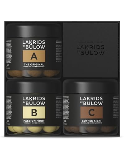 LAKRIDS BY BÜLOW - Geschenkbox - 3x125g - A, B & C - The Original, Passion Fruit & Coffee Kieni - Gourmet Lakritze umhüllt von Schokolade von LAKRIDS BY BÜLOW