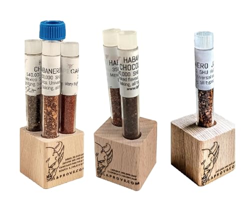 Habanero Jaguar, Schokolade, Carolina Reaper und Arbol Chili in 3 Holzwürfel 6gx2g+2g+2gx. von LaProve