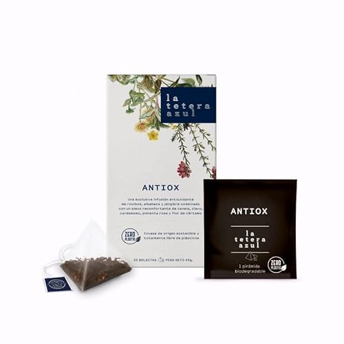 LA TETERA AZUL Antiox. Rooibos, Basilikum und Ingwer kombiniert mit einer beruhigenden Mischung aus Zimt, Nelken, Kardamom, Distelblüte und rosa Pfeffer. 20 Pyramiden. von LATETERAZUL