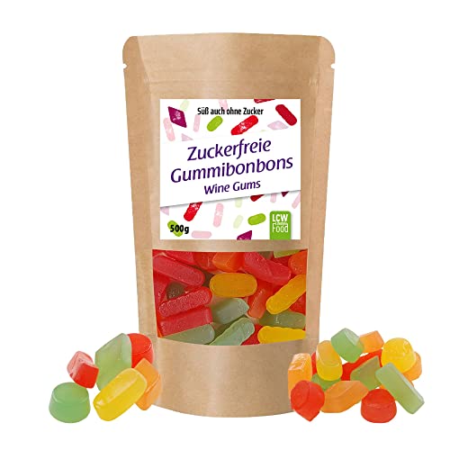 Zuckerfreie Gummibonbons Wine Gums von LCW | 500g Beutel | zuckerfrei, 0g Zucker | fettfrei | Fruchtgummi/Gummibärchen ohne Zucker mit Süßungsmittel Maltit von LCW