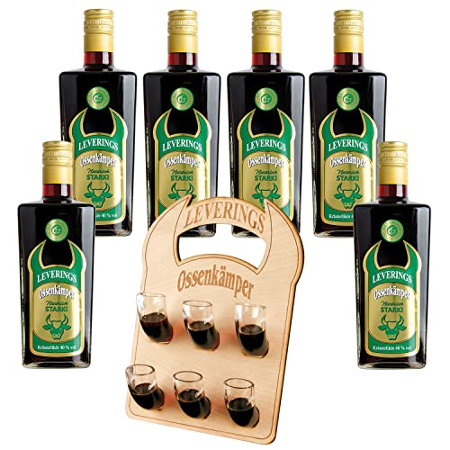 6 Flaschen Ossenkämper Kräuter 0,7 l + 6er Hornträger mit 6 Horngläsern 0,02 l 6 Flaschen Ossenkämper Kräuter 0,7 l + 6er Hornträger mit 6 Horngläsern 0,02 l von LEVERINGS OSSENKÄMPER