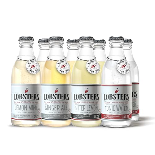 Lobsters - 4 Sorten Tasting Set, 8 x 0,2l - 2x Tonic Water, 2x Bitter Lemon, 2x Ginger Ale, 2x Lemon Mint - Zuckerreduziert & natürlich, Probierpaket 200ml Flaschen mit gemischten Geschmacksrichtungen Lobsters - 4 Sorten Tasting Set, 8 x 0,2l - 2x Tonic Water, 2x Bitter Lemon, 2x Ginger Ale, 2x Lemon Mint - Zuckerreduziert & natürlich, Probierpaket 200ml Flaschen mit gemischten Geschmacksrichtungen von LOBSTERS THE NEW GENERATION OF TASTE