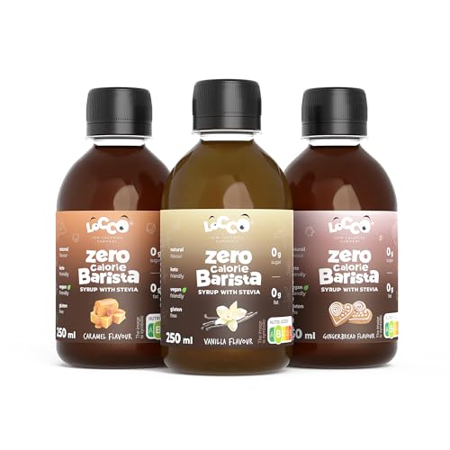 Locco Kalorienfreier Barista Sirup mit Stevia | Vegan, Keto, glutenfrei | Zuckerfrei | Kaffee-Sirup | Null-Kalorien | Vanille, Caramel, Gingerbread | 3x250 ml von LOCCO LOW CALORIES COMPANY