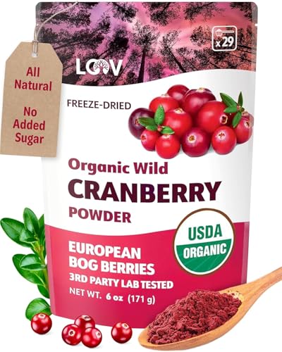 Gefriergetrocknetes Bio Cranberry-Pulver, 100% Ganze Cranberries, Getrocknet und Gemahlen, Wilde Nordische Ungesüßte Cranberries, 171 g, ohne Zuckerzusatz, Zusatzstoffe und Konservierungsmittel von LOOV