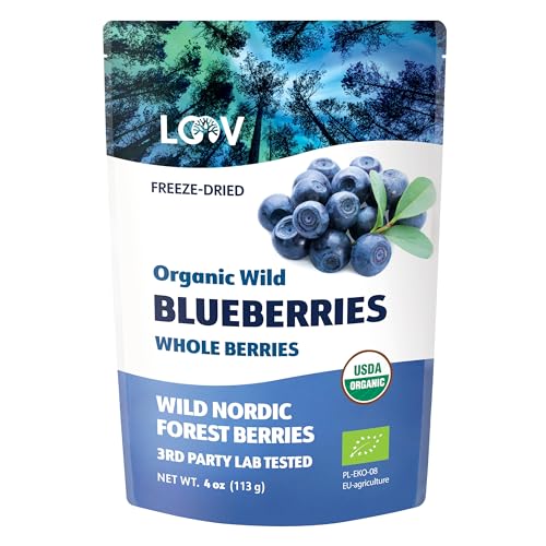 Getrocknete Bio-Wildheidelbeeren, ohne Zuckerzusatz, 113g, gefriergetrocknete Heidelbeeren aus nordischen Wäldern, 100% Vollfrucht-Wildheidelbeeren, ohne Zusatzstoffe, frei von Gentechnik von LOOV