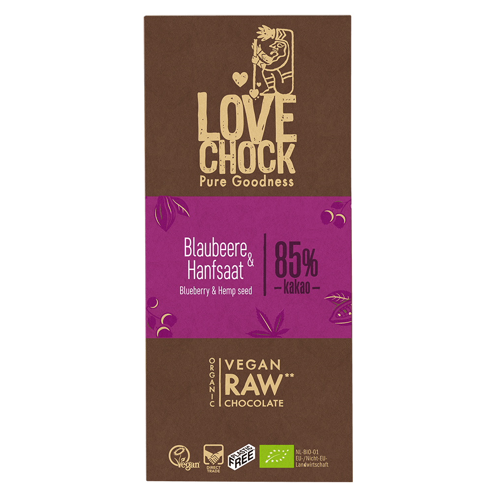 Bio Raw Blaubeere-Hanfsaat Schokolade Bio Raw Blaubeere-Hanfsaat Schokolade von LOVECHOCK