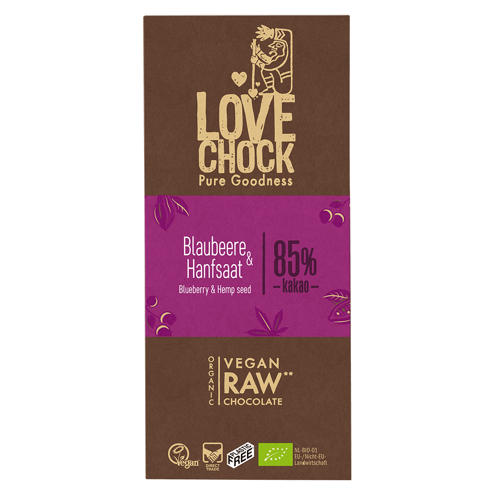 Bio Raw Blaubeere-Hanfsaat Schokolade von LOVECHOCK