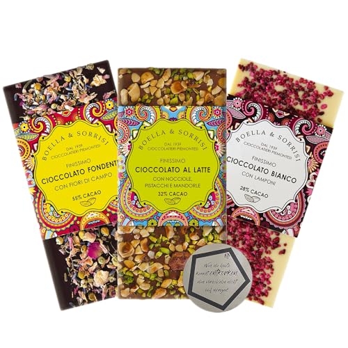 3er Probierset | Boella & Sorrisi Zartbitterschokolade mit Blumen 100 g, Vollmilchschokolade mit Nuss 100 g, Weiße Schokolade mit Himbeeren 100 g inkl. LOVEVINO Silver Button Sticker 3er Probierset | Boella & Sorrisi Zartbitterschokolade mit Blumen 100 g, Vollmilchschokolade mit Nuss 100 g, Weiße Schokolade mit Himbeeren 100 g inkl. LOVEVINO Silver Button Sticker von LOVEVINO.eu
