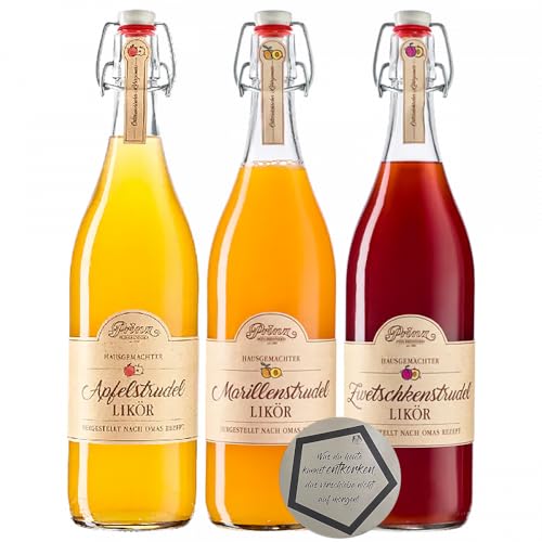 3er Set Prinz-Likör | Apfelstrudellikör, Marillenstrudellikör & Zwetschkenstrudellikör à 1 Liter (1.00 l) inkl. LOVEVINO Silver Button Sticker von LOVEVINO.eu