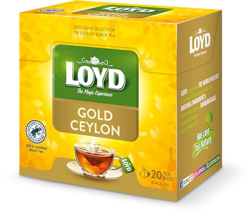 LOYD - Gold Ceylon Tee - 20 Pyramidenbeutel - Premium Qualität, Hochwertiger Schwarzer Tee aus Sri Lankas, Zart mit Einem Unverwechselbaren Geschmack & Goldenen Farbe, Ideal für Jede Tageszeit - 80g von LOYD