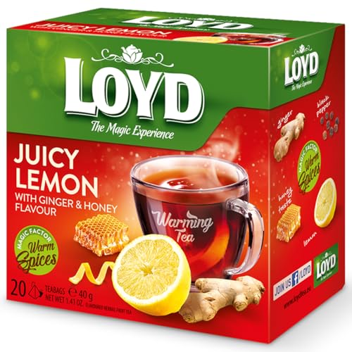 LOYD® Früchtetee Wärmender Tee | 20 Teebeutel 40g | Geschmack: Ingwer, Zitrone und Honig | Aromatisiert Obst Frucht Früchte Fruit Tea | Hochwertigen Teeblättern Schwarzteebeutel Aufbrühen Express-Tee von LOYD