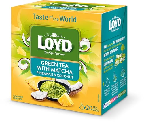 LOYD - Geschmack Der Welt - Grüner Tee mit Matcha Ananas & Kokosnuss - 20 Bio Pyramidenbeutel, Original, Japanisch mit Früchten, Hohe Qualität, Für Fokus, Energie, Kein Matcha-Besen Erfordelich - 34g von LOYD