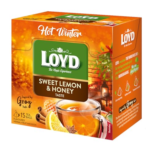 LOYD Kräutertee Früchtetee Wärmender Tee 15 Teebeutel 45g Geschmack: Honig und Zitrone Aromatisiert Obst Frucht Früchte Fruit Winter Tea Hochwertigen Teeblättern Schwarzteebeutel Aufbrühen Winter tee von LOYD