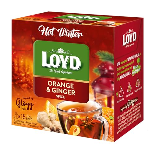 LOYD® Kräutertee Früchtetee Wärmender Tee | 15 Teebeutel 45g | Geschmack: Orange und Ingwer | Aromatisiert Obst Frucht Früchte Fruit Winter Tea | Hochwertigen Teeblättern Schwarzteebeutel Aufbrühen von Loyd