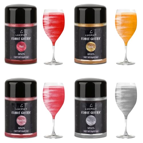 LUCPICT Essbarer Glitzer Set, 4 Farben Lebensmittel Glitzer, Glitzerpulver für Getränke, Cocktails, Wein, Bier, Backen, Erdbeeren, Cupcakes, Kekse, Süßigkeiten, Fondant, Kuchendekoration - 3g von LUCPICT