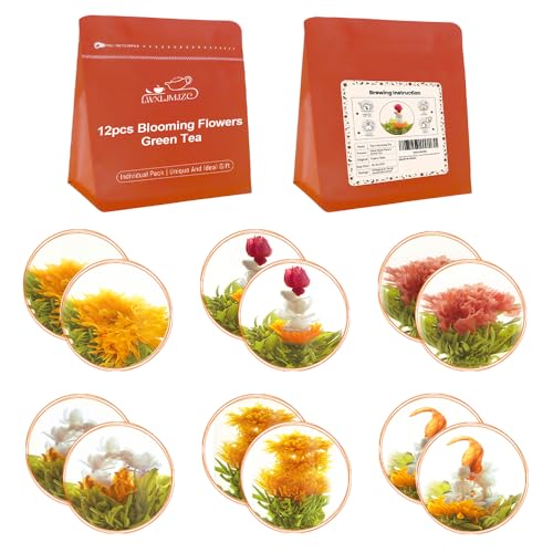 LWXLJMJZC-Teeblumen 12 Stück (6 Geschmacksrichtungen x 2 Stk.) Blühender Tee, Blühender Tee mit Jasmin, Grüner Tee mit Blumen, Geschenk für Teeliebhaber von LWXLJMJZC