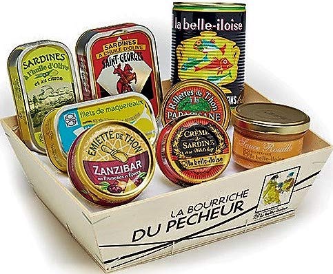 Geschenkbox "Petite Bourriche" Sardinen Thunfisch Makrele Sardinencreme Thunfischmousse Fischsuppe Rouille in Holzkorb aus der Bretagne von La Belle-Iloise
