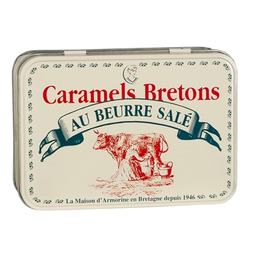 La Maison d'Armorine Französische salted Caramel Bonbons einzeln verpackt und nach traditioneller Handwerkskunst in der Bretagne hergestellt 150 g In einer Metall Geschenkbox von Salidou