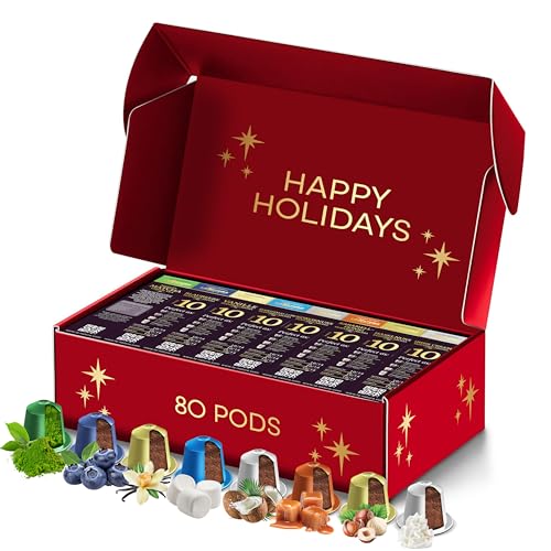 La Natura Lifestyle GESCHMACKSBOX, 80 Kaffee- und Teekapseln kompatibel mit Nespresso³ Kaffeemaschinen, Blaubeere, Karamell-Honig, Irish Coffe, Marshmallow, Haselnuss, Vanille, Kokosnuss, Matcha Tee von La Natura LIFESTYLE