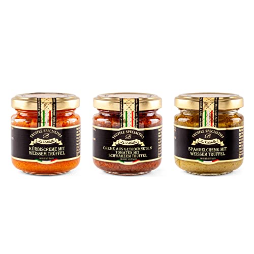 La Rustichella Kürbiscreme Mit Weissem Trüffel, Creme Aus Getrockneten Tomaten Mit Schwarzem Trüffel und Spargelcreme Mit Weissem Trüffel- Set 270g von La Rustichella