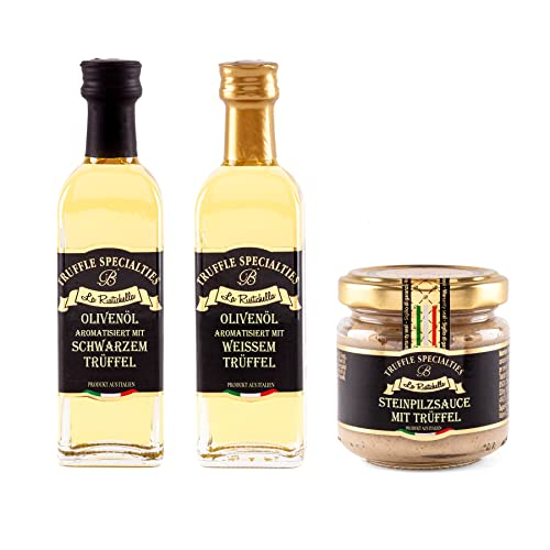 La Rustichella Olivenöl Aromatisiert Mit Schwarzem Trüffel, Olivenöl Aromatisiert Mit Weissem Trüffel und Steinpilzsauce Mit Trüffel-Set La Rustichella Olivenöl Aromatisiert Mit Schwarzem Trüffel, Olivenöl Aromatisiert Mit Weissem Trüffel und Steinpilzsauce Mit Trüffel-Set von La Rustichella