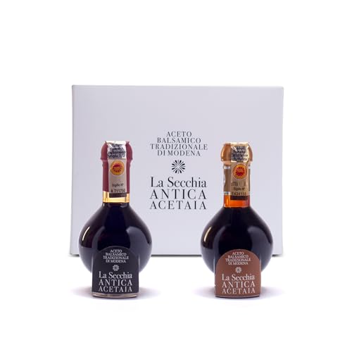 La Secchia - "Duetto", Traditioneller Balsamico-Essig aus Modena DOP mit Einem Alter von 20 und 35 Jahren, 2 Flaschen à 100 ml mit Dosierkappe aus geblasenem Glas La Secchia - "Duetto", Traditioneller Balsamico-Essig aus Modena DOP mit Einem Alter von 20 und 35 Jahren, 2 Flaschen à 100 ml mit Dosierkappe aus geblasenem Glas von LA SECCHIA