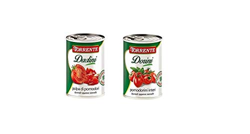 TESTPAKET La Torrente Pomodorini Interi Dorini Kirschtomaten - Polpa di Pomodori Dadini Tomatenmark Tomaten sauce aus Italien dose 48 x 400g von La Torrente