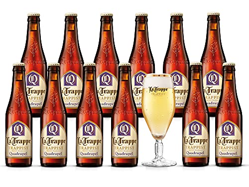 LA TRAPPE Quadrupel, Bernsteinfarbenes Starkes Trappistenbier mit 10% vol. aus Berkel-Enschot, 12x 0,33 Liter + Glas von La Trappe