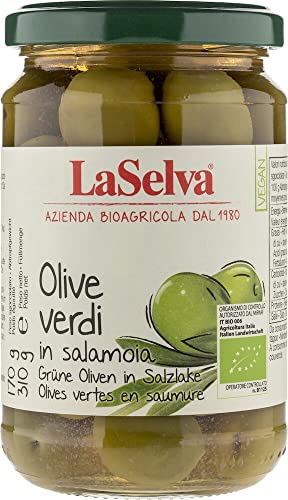 Grüne Oliven mit Stein in Salzlake von La Selva