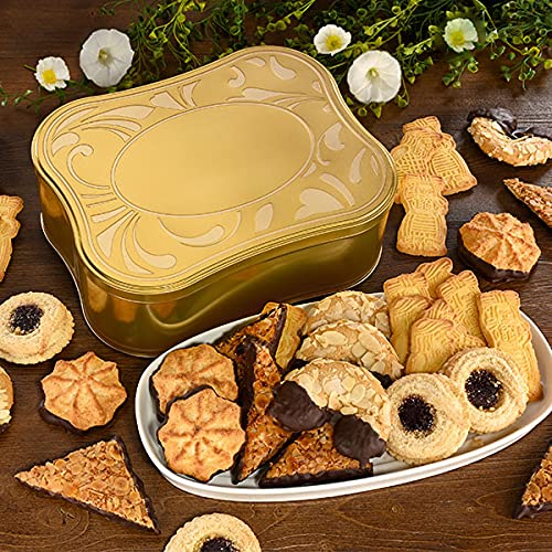 Gebäckmischung (1000g) Bunte Kaffee Tafel in der Metalltruhe Maße: 29 x 23 x 10 cm – Mandelhörnchen, Große Kokosmakronen, Butter-Spekulatius, Marzipan-Butter Törtchen, Nuss Ecken (1 Packung) von Lambertz