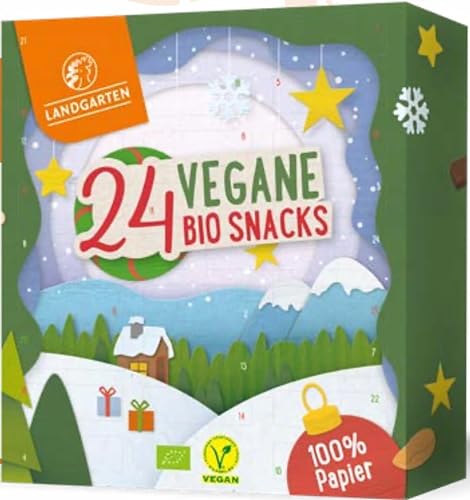 Landgarten Bio Fairtraide Adventskalender Vegan | 24 verschiedene Snacks pur, süß, gesalzen, schokoliert - knackige Nüsse, Nuss-Frucht-Mischungen | pflanzliches Protein | Papierverpackung | 380g von Landgarten