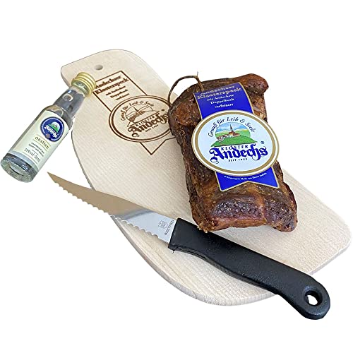 Andechser Klosterspeck mit Andechser Obstler, Holzbrett und Messer, im Set (ca. 260g) von Landler