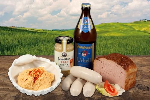 Landmetzger Schiessl's » Bayerische Brotzeit Klassiker « 1700g Hausgemachte Schmankerl | Im Set: Leberkäse + Weißwürste "Münchner Art" + Bayerische Käsezubereitung + Weissbiersenf + Bayerisches Bier von Landmetzger Schiessl