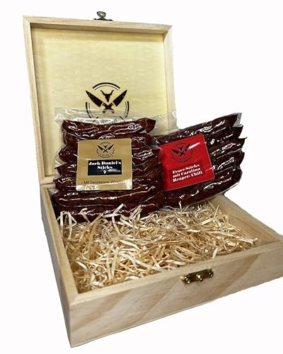 Zweierlei SALAMI STICKS in edler Geschenkbox | JACKY + FEUER Sticks | 300 Gramm | eigene Herstellung | Männergeschenk | Pfefferbeißer | Rauchpeitschen von Landmetzgerei Fauser Goelz